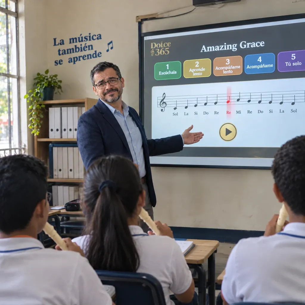 Un grupo de alumnos tocando la flauta en clase