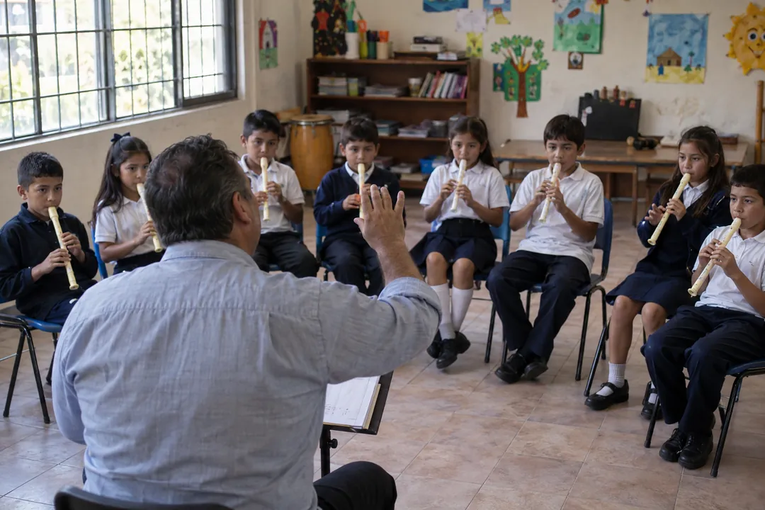 Un maestro de música marca la entrada a su grupo de flautas