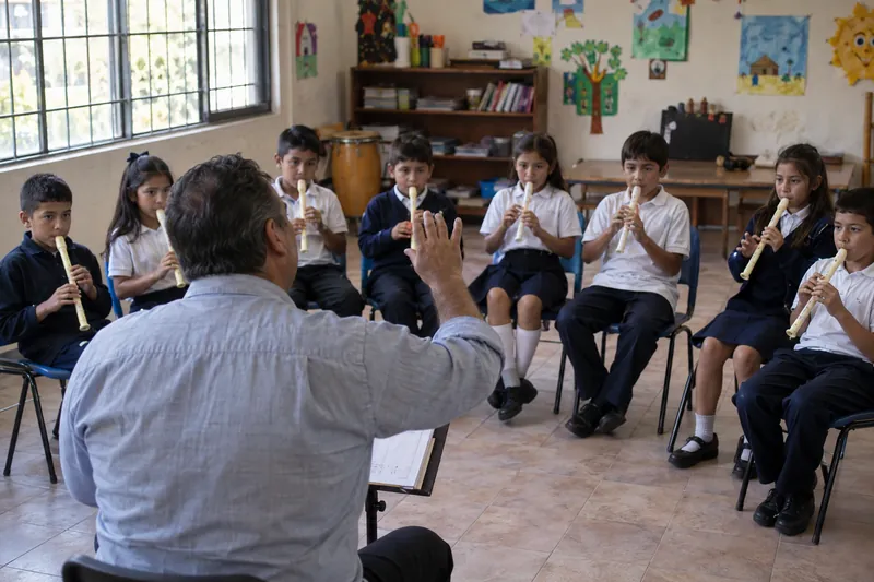 Un maestro de música marca la entrada a su grupo de flautas